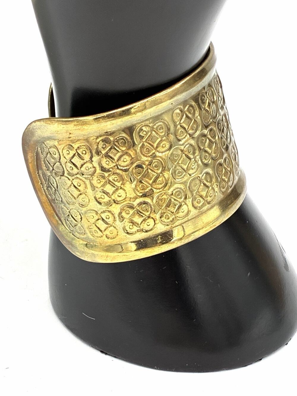 Vintage Wide Gold Tone Cuff Bracelet Embossed Quatrefoil Pattern Open Back